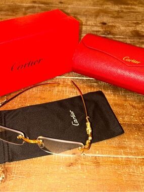 Cartier Gold Rimless Sunglasses with Red Case and Black Pouch
